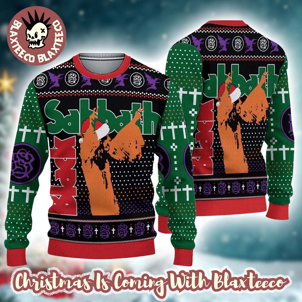 Black Sabbath Vol 4 Album Cover Holiday Style With Santa Hat Signature Symbols Heavy Metal 2025 Ugly Christmas Sweater