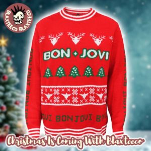 Bon Jovi Bon Tout Holiday Party Xmas Tree Red Knitted Ugly Christmas Sweater