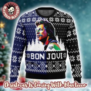 Bon Jovi Snowflakes Pattern Knitted Black And Blue Splitted Ugly Christmas Sweater