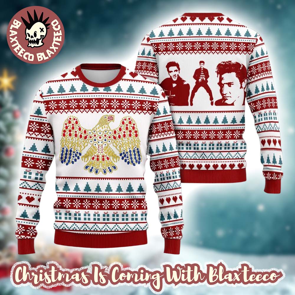 Elvis Presley Aloha Eagle Signature With Photos Ugly Christmas Sweater Elvis Presley Aloha Eagle Signature With Photos Ugly Christmas Sweater