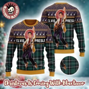 Elvis Presley Signature Posing With His Guitar Green Plaid Pattern Ugly Christmas Sweater