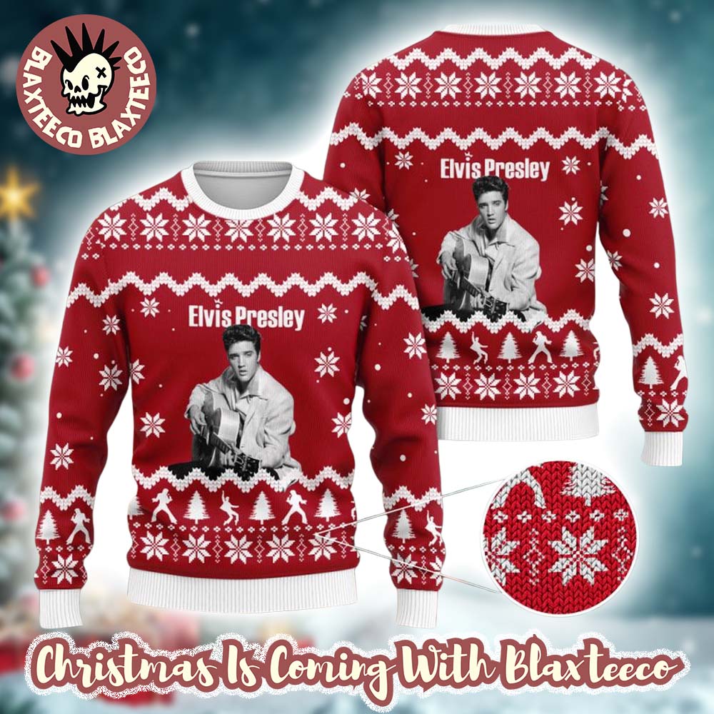 Elvis Presley With His Guitar Photo Knitted Red And White Ugly Christmas Sweater Elvis Presley With His Guitar Photo Knitted Red And White Ugly Christmas Sweater