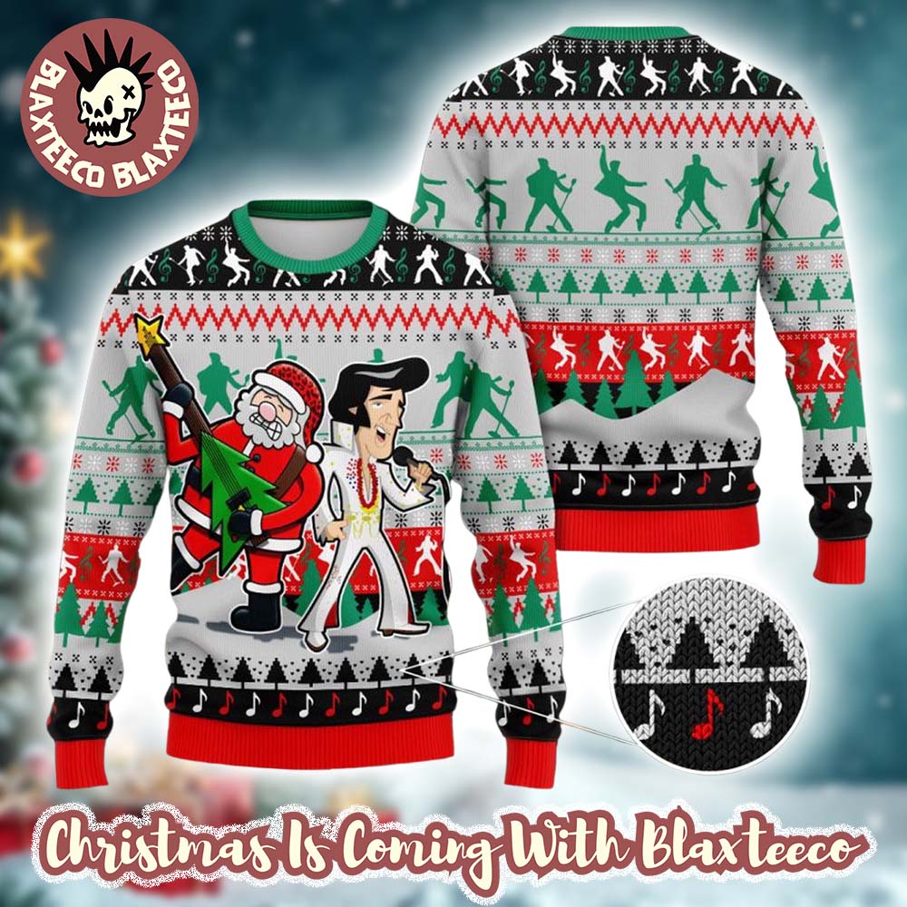Elvis Presley With Santa Claus Singing Funny Ugly Christmas Sweater Elvis Presley With Santa Claus Singing Funny Ugly Christmas Sweater