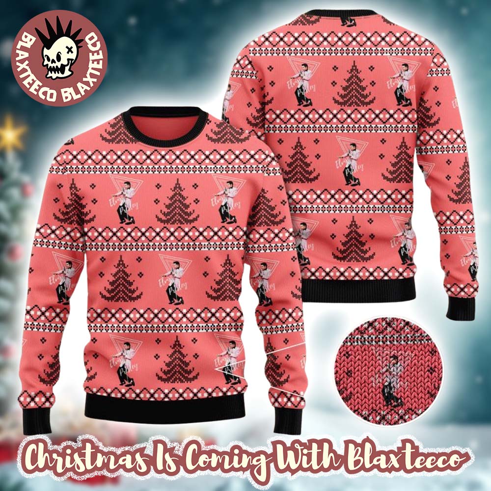 Elvis Presley With Xmas Tree Pattern Cute Pink Ugly Christmas Sweater Elvis Presley With Xmas Tree Pattern Cute Pink Ugly Christmas Sweater