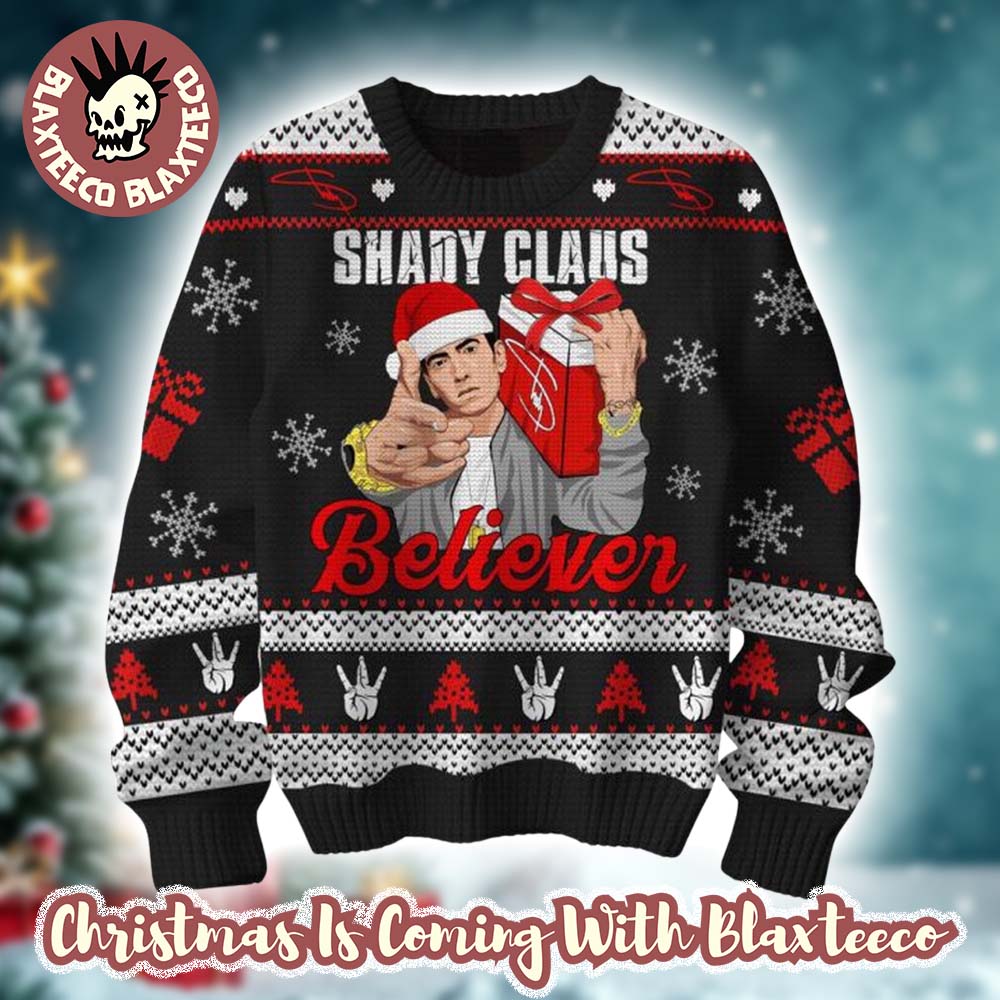 Eminem Shady Claus Believer Festive Knitted Black Ugly Christmas Sweater Eminem Shady Claus Believer Festive Knitted Black Ugly Christmas Sweater