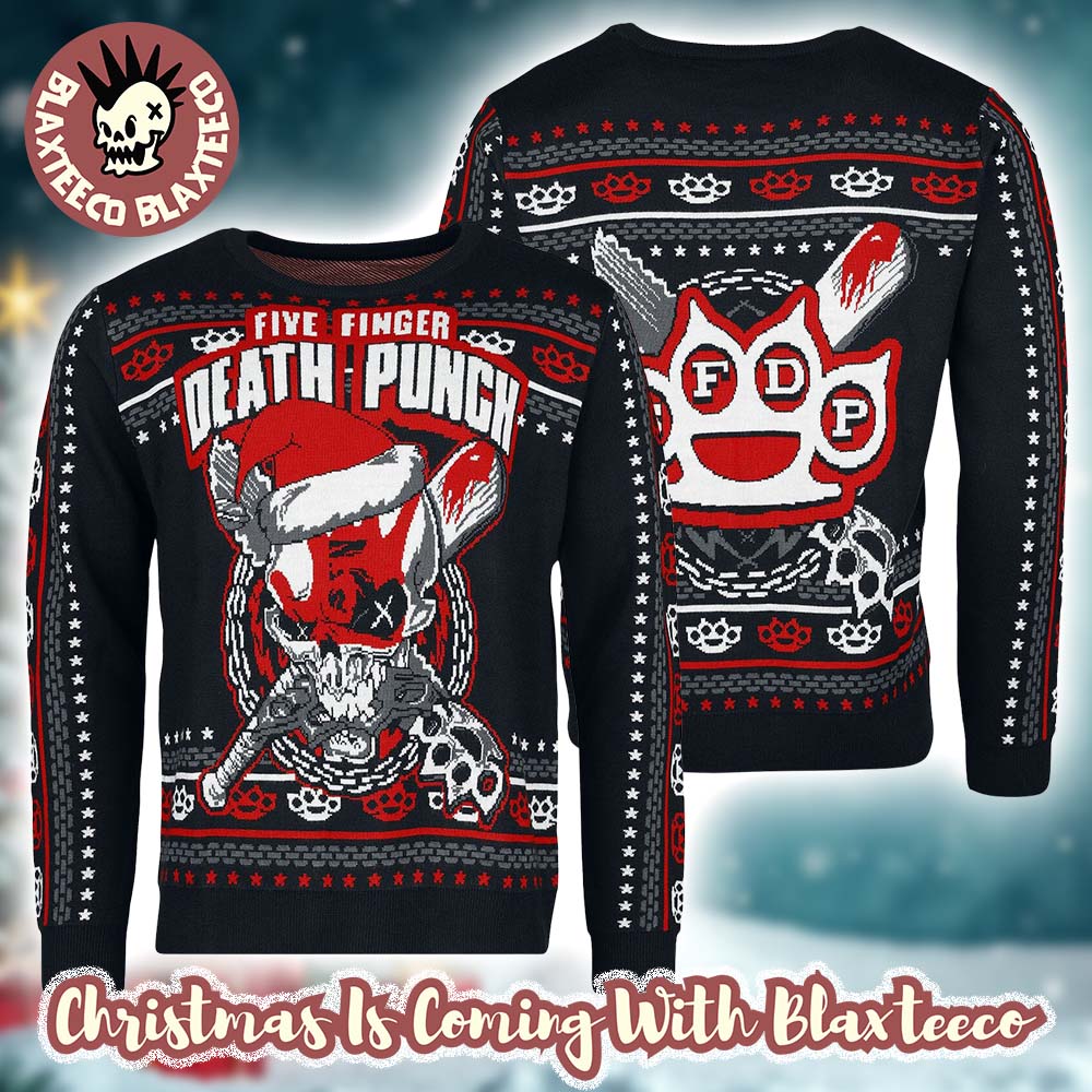 Five Finger Death Punch Big Logo With Santa Hat The Weapons Knitted Black Ugly Christmas Sweater