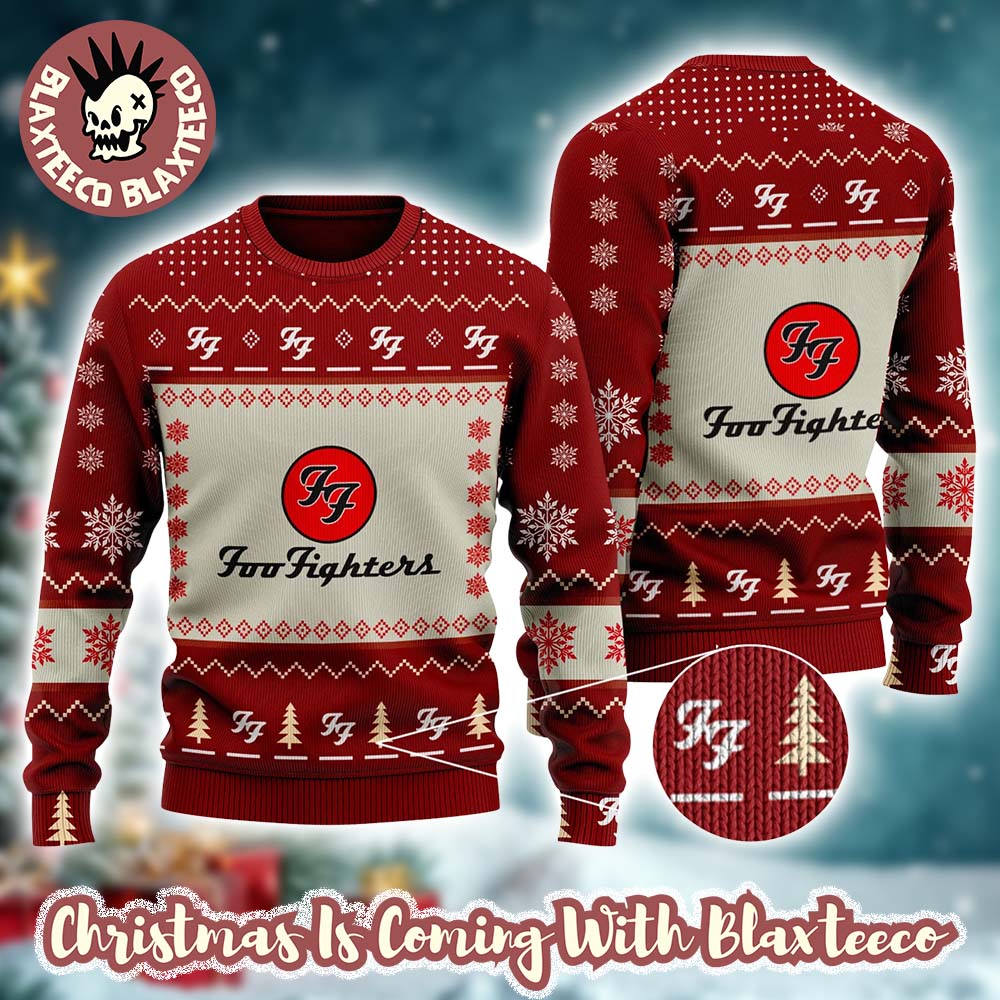 Foo Fighters Signature Logo With Snowflakes Pattern Holiday Red Ugly Christmas Sweater Foo Fighters Signature Logo With Snowflakes Pattern Holiday Red Ugly Christmas Sweater