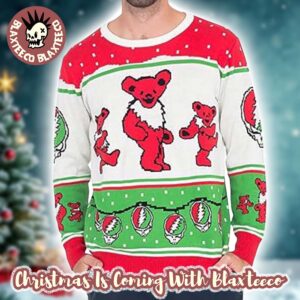 Grateful Dead Dancing Bears Stealie Christmas Lights Pattern Ugly Christmas Sweater