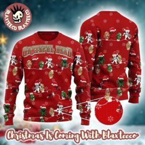Grateful Dead Funny Dancing Bear Walking Rope Lights Knitted Red Ugly Christmas Sweater