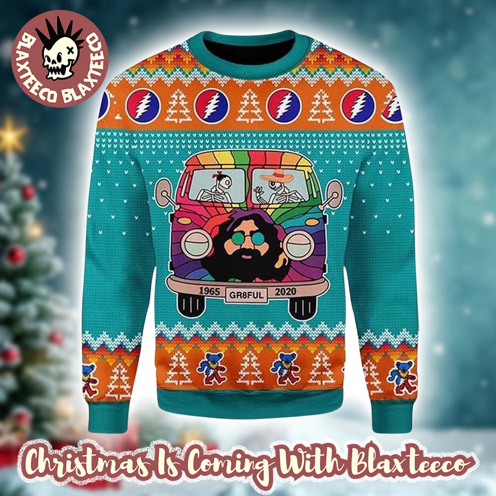 Grateful Dead Jerry Garcia 1965 2020 Go By Bus Colorful Ugly Christmas Sweater Grateful Dead Jerry Garcia 1965 2020 Go By Bus Colorful Ugly Christmas Sweater
