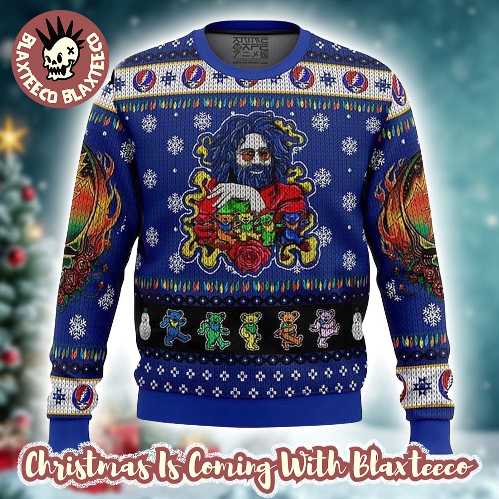 Grateful Dead Jerry Garcia Trippie Style Knitted Blue Ugly Christmas Sweater Grateful Dead Jerry Garcia Trippie Style Knitted Blue Ugly Christmas Sweater