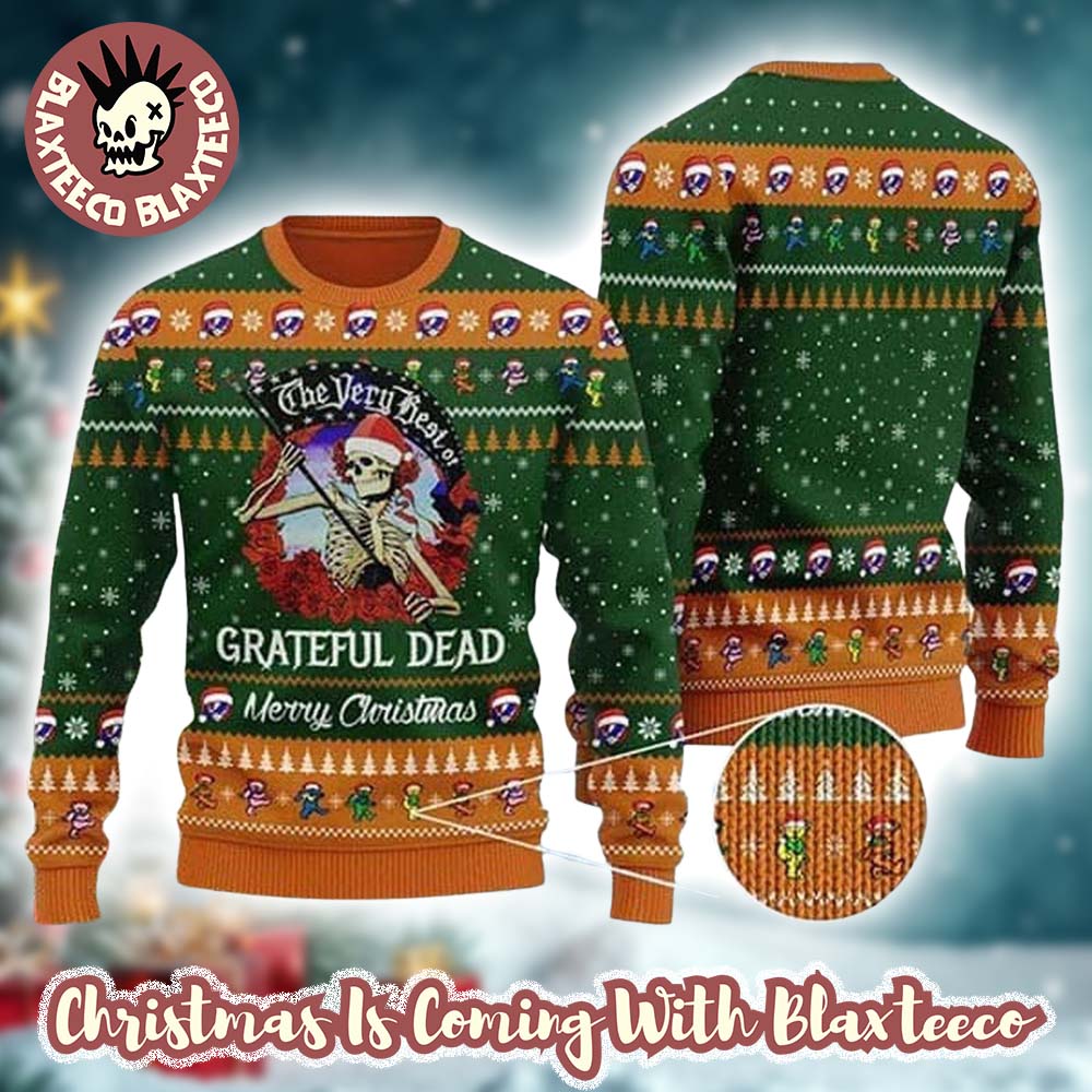 Grateful Dead The Very Best Of The Reaper Art With Dancing Bear Pattern Green Ugly Christmas Sweater Grateful Dead The Very Best Of The Reaper Art With Dancing Bear Pattern Green Ugly Christmas Sweater