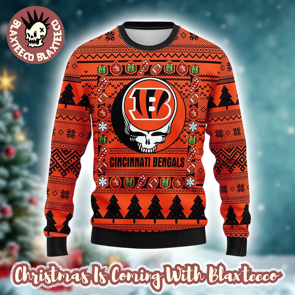 Grateful Dead X NFL Cincinnati Bengals Stealie Logo Ugly Christmas Sweater Grateful Dead X NFL Cincinnati Bengals Stealie Logo Ugly Christmas Sweater