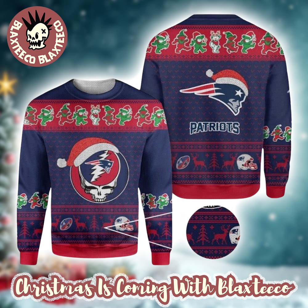 Grateful Dead X NFL England Patriots Stealie Logo Ugly Christmas Sweater Grateful Dead X NFL England Patriots Stealie Logo Ugly Christmas Sweater