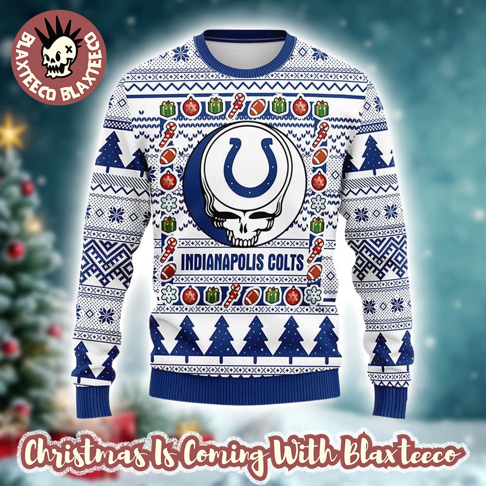 Grateful Dead X NFL Indianapolis Colts Stealie Logo Ugly Christmas Sweater Grateful Dead X NFL Indianapolis Colts Stealie Logo Ugly Christmas Sweater