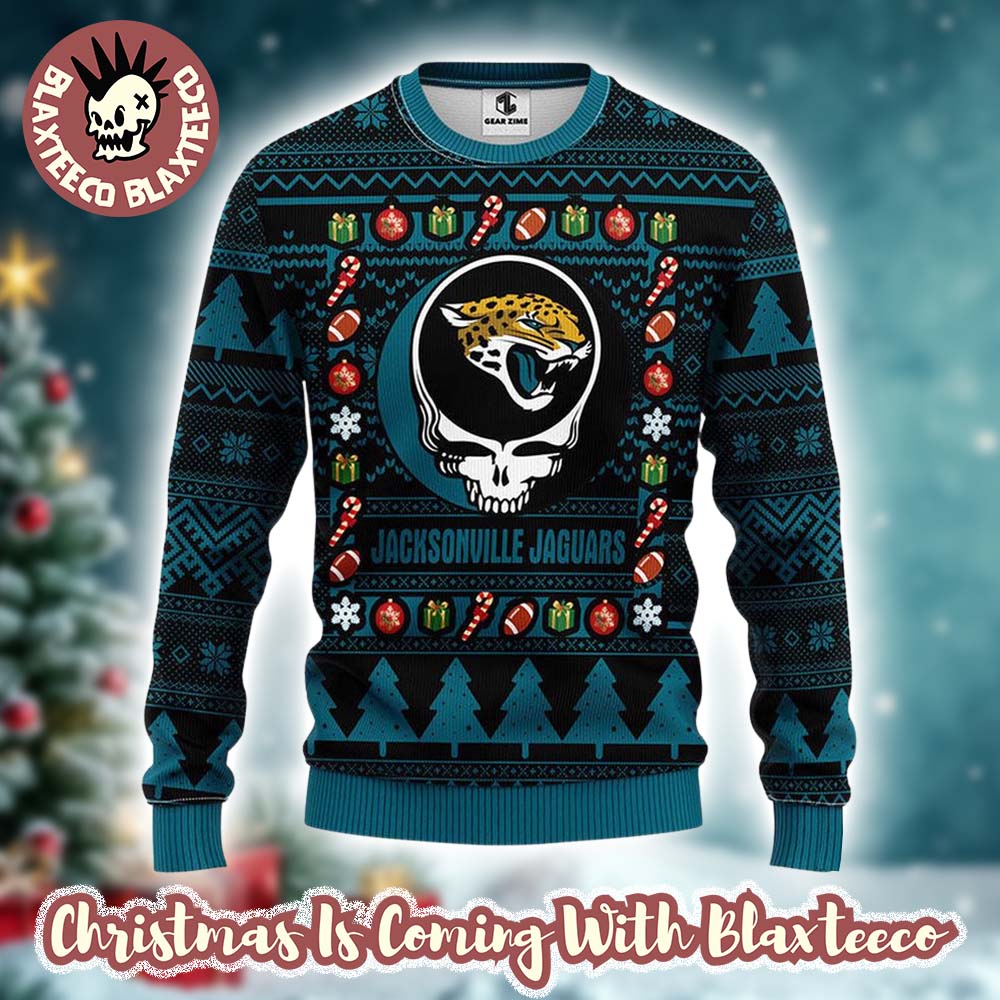 Grateful Dead X NFL Jacksonville Jaguars Stealie Logo Ugly Christmas Sweater Grateful Dead X NFL Jacksonville Jaguars Stealie Logo Ugly Christmas Sweater