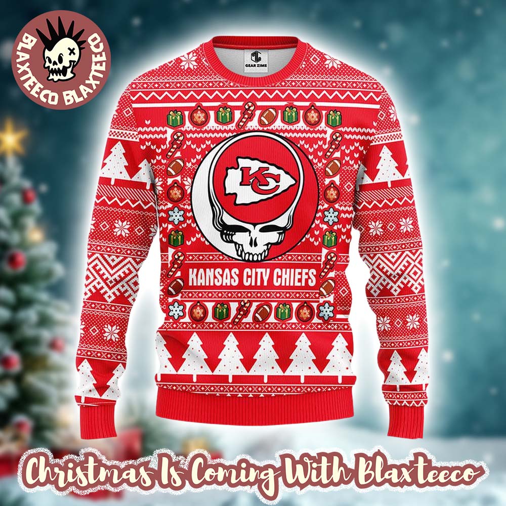 Grateful Dead X NFL Kansas City Chiefs Stealie Logo Ugly Christmas Sweater Grateful Dead X NFL Kansas City Chiefs Stealie Logo Ugly Christmas Sweater