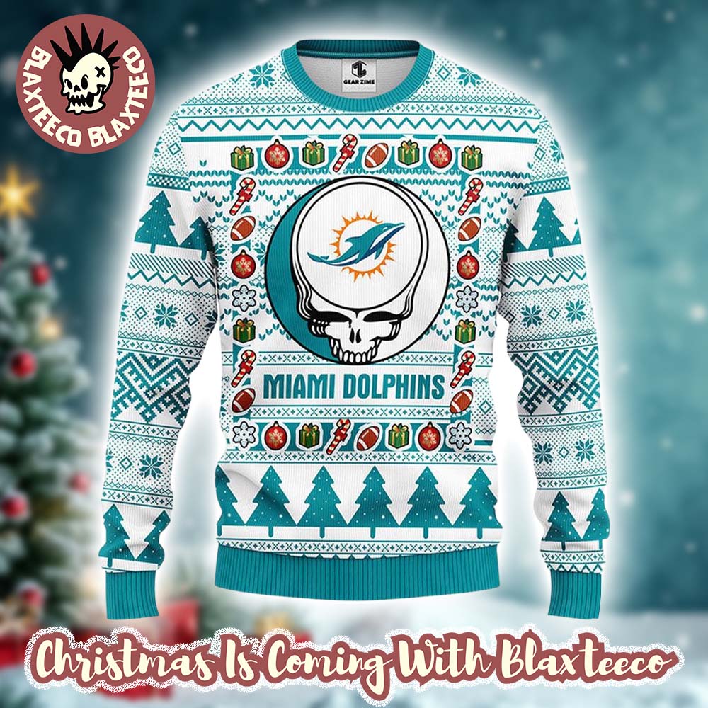 Grateful Dead X NFL Miami Dolphins Stealie Logo Ugly Christmas Sweater Grateful Dead X NFL Miami Dolphins Stealie Logo Ugly Christmas Sweater