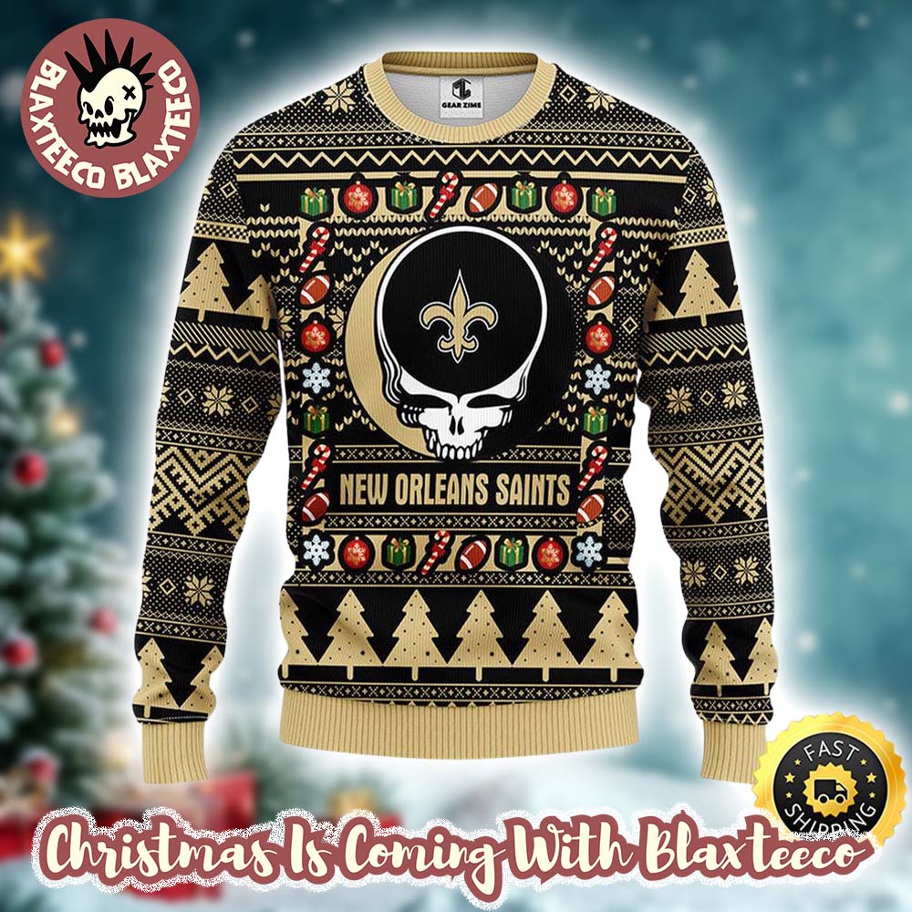Grateful Dead X NFL New Orleans Saints Stealie Logo Ugly Christmas Sweater Grateful Dead X NFL New Orleans Saints Stealie Logo Ugly Christmas Sweater