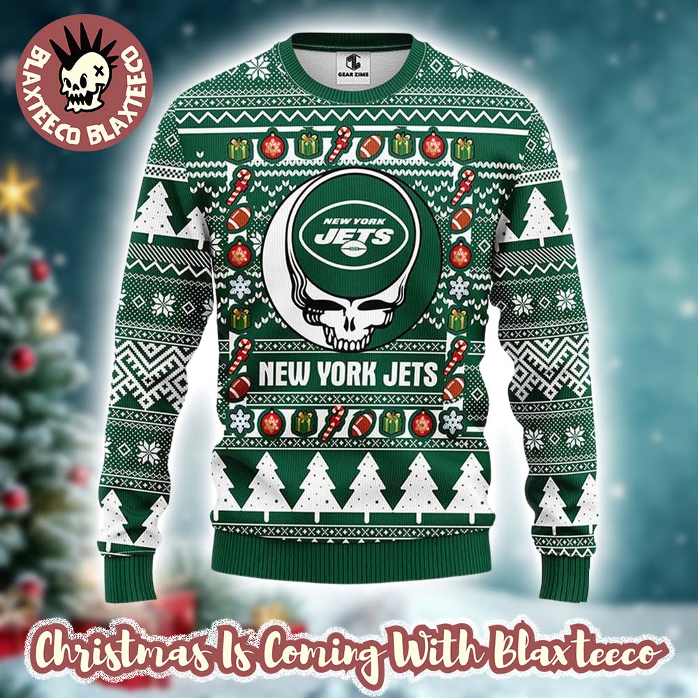 Grateful Dead X NFL New York Jets Stealie Logo Ugly Christmas Sweater Grateful Dead X NFL New York Jets Stealie Logo Ugly Christmas Sweater