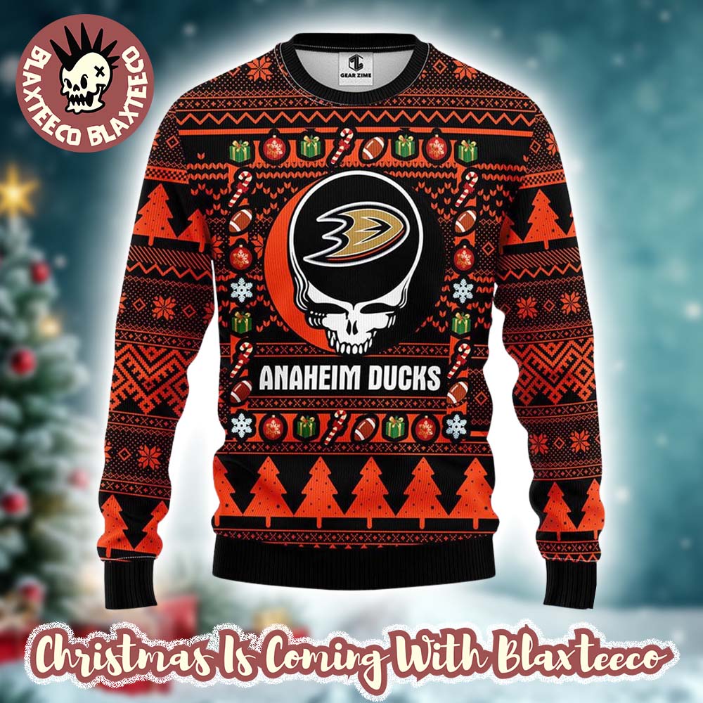 Grateful Dead X NHL Anaheim Ducks Stealie Logo Ugly Christmas Sweater Grateful Dead X NHL Anaheim Ducks Stealie Logo Ugly Christmas Sweater