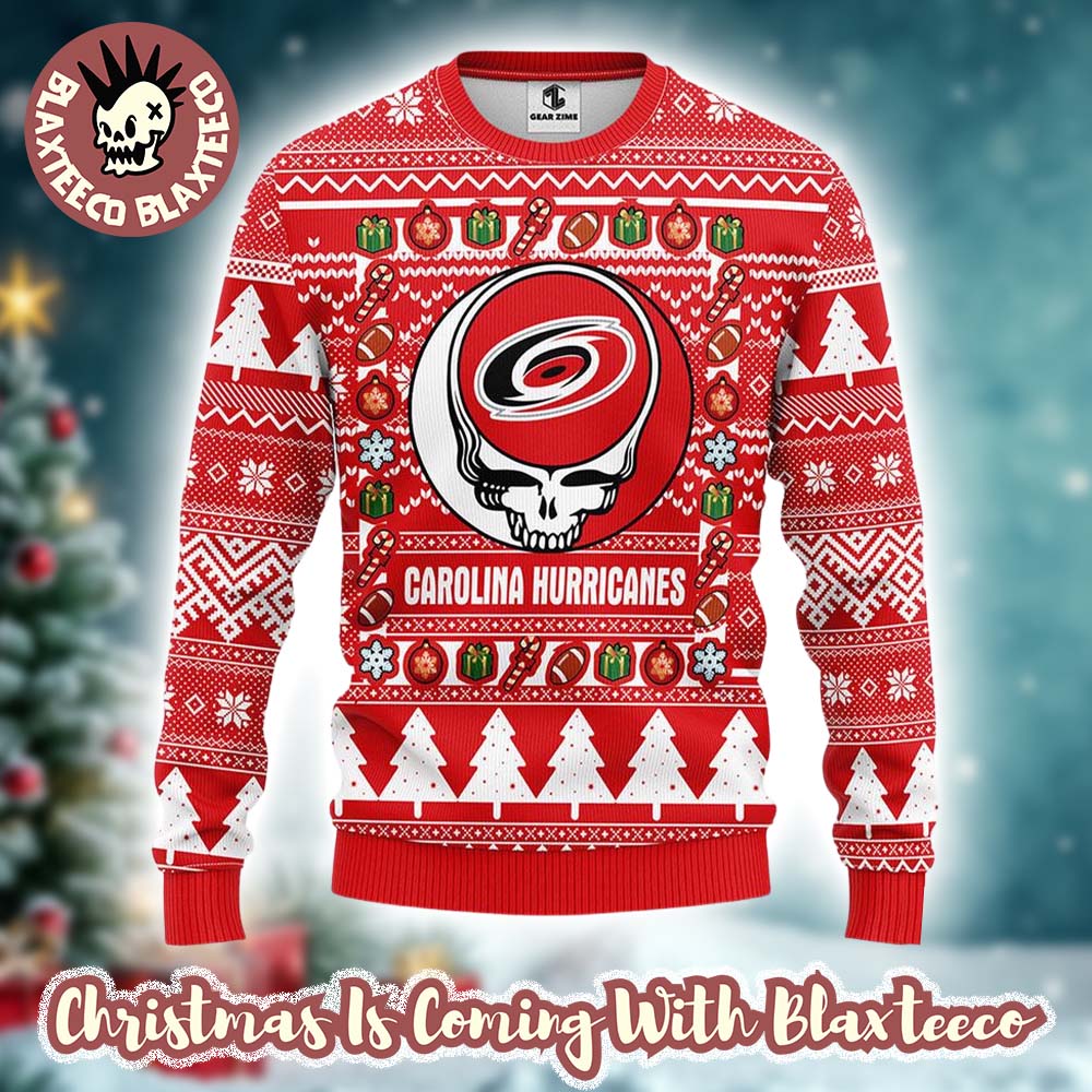 Grateful Dead X NHL Carolina Hurricanes Stealie Logo Ugly Christmas Sweater Grateful Dead X NHL Carolina Hurricanes Stealie Logo Ugly Christmas Sweater