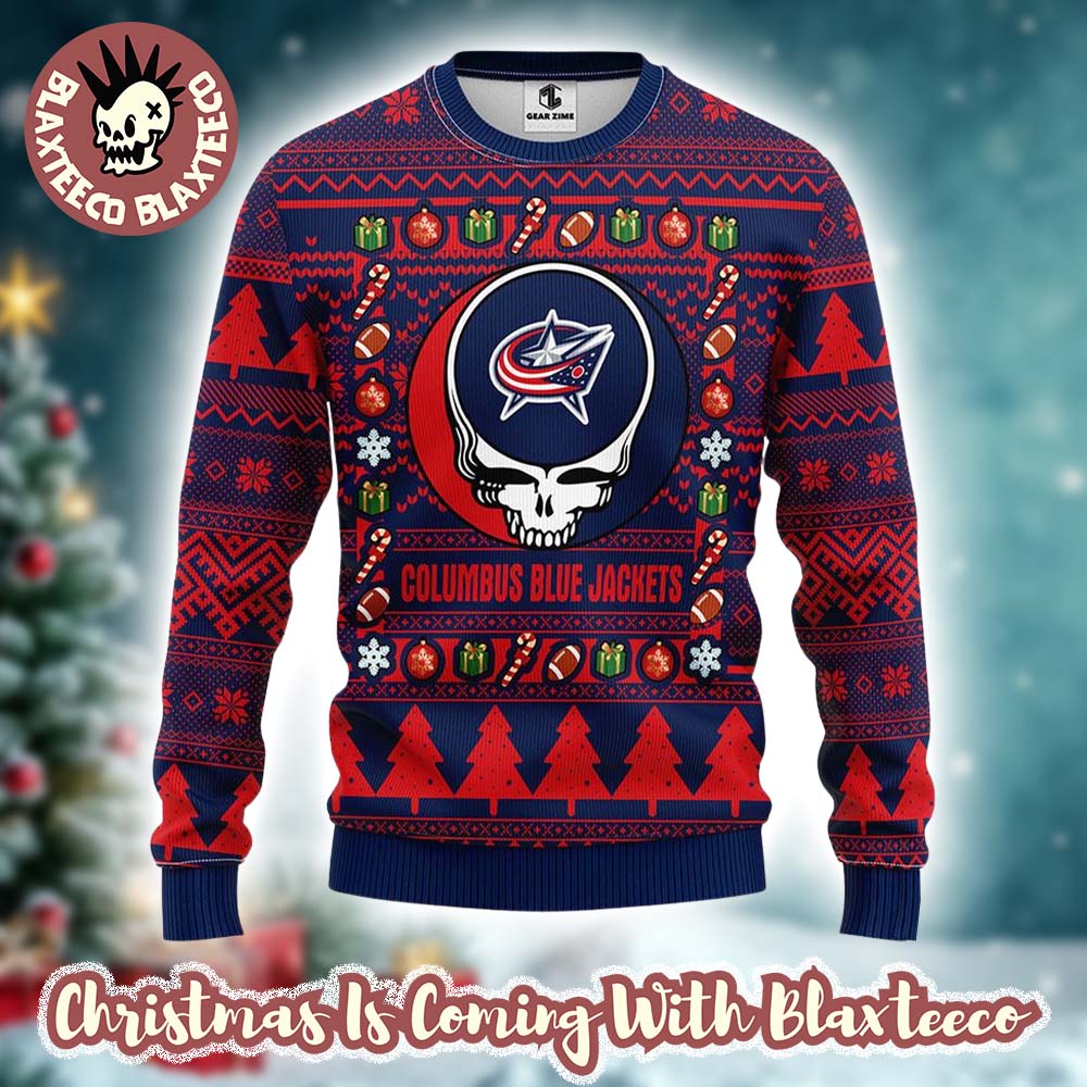 Grateful Dead X NHL Columbus Blue Jackets Stealie Logo Ugly Christmas Sweater Grateful Dead X NHL Columbus Blue Jackets Stealie Logo Ugly Christmas Sweater