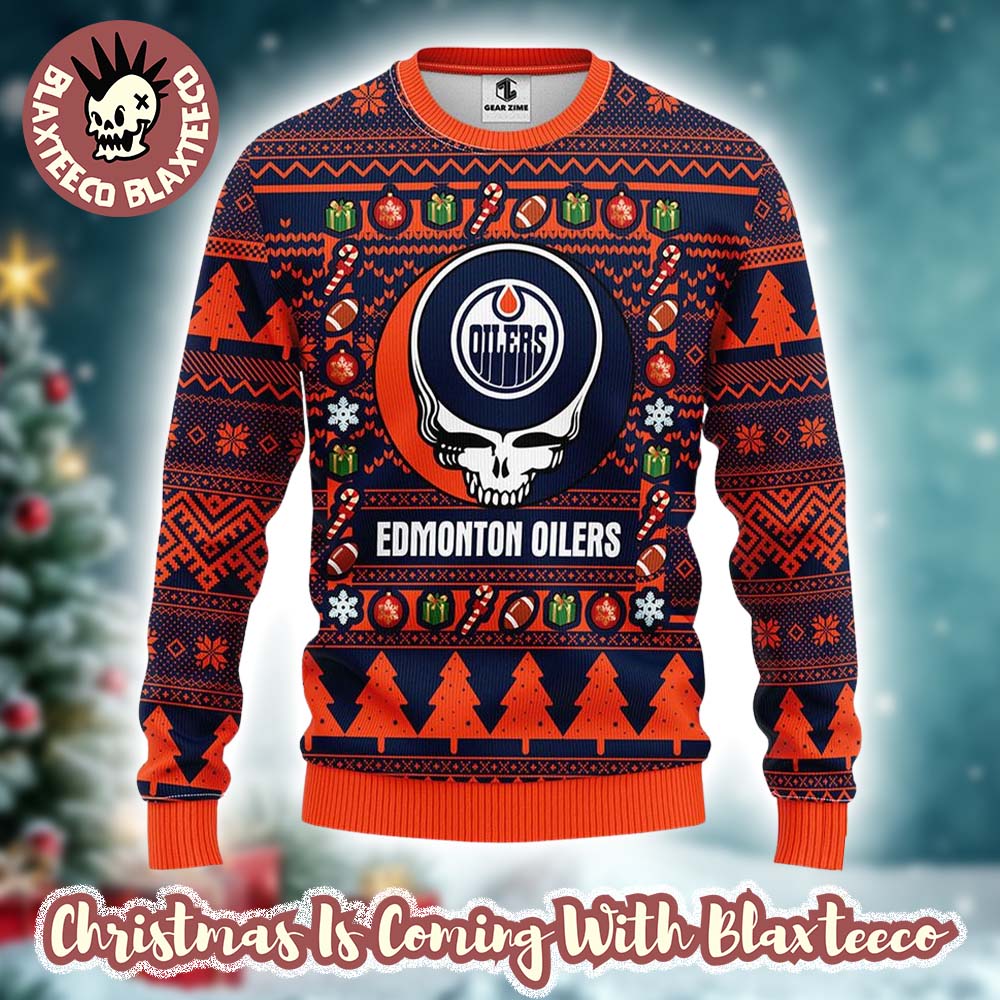 Grateful Dead X NHL Edmonton Oilers Stealie Logo Ugly Christmas Sweater Grateful Dead X NHL Edmonton Oilers Stealie Logo Ugly Christmas Sweater