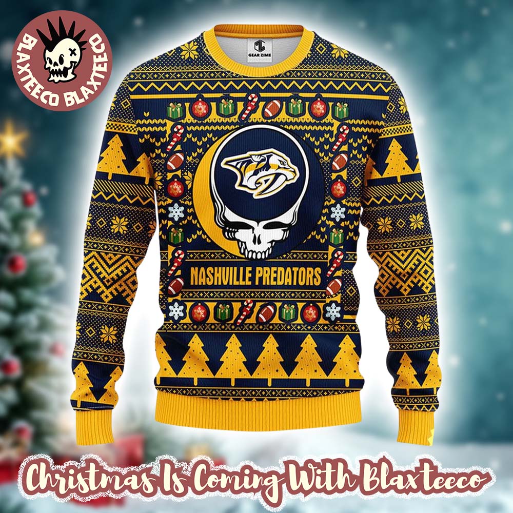 Grateful Dead X NHL Nashville Predators Stealie Logo Ugly Christmas Sweater Grateful Dead X NHL Nashville Predators Stealie Logo Ugly Christmas Sweater