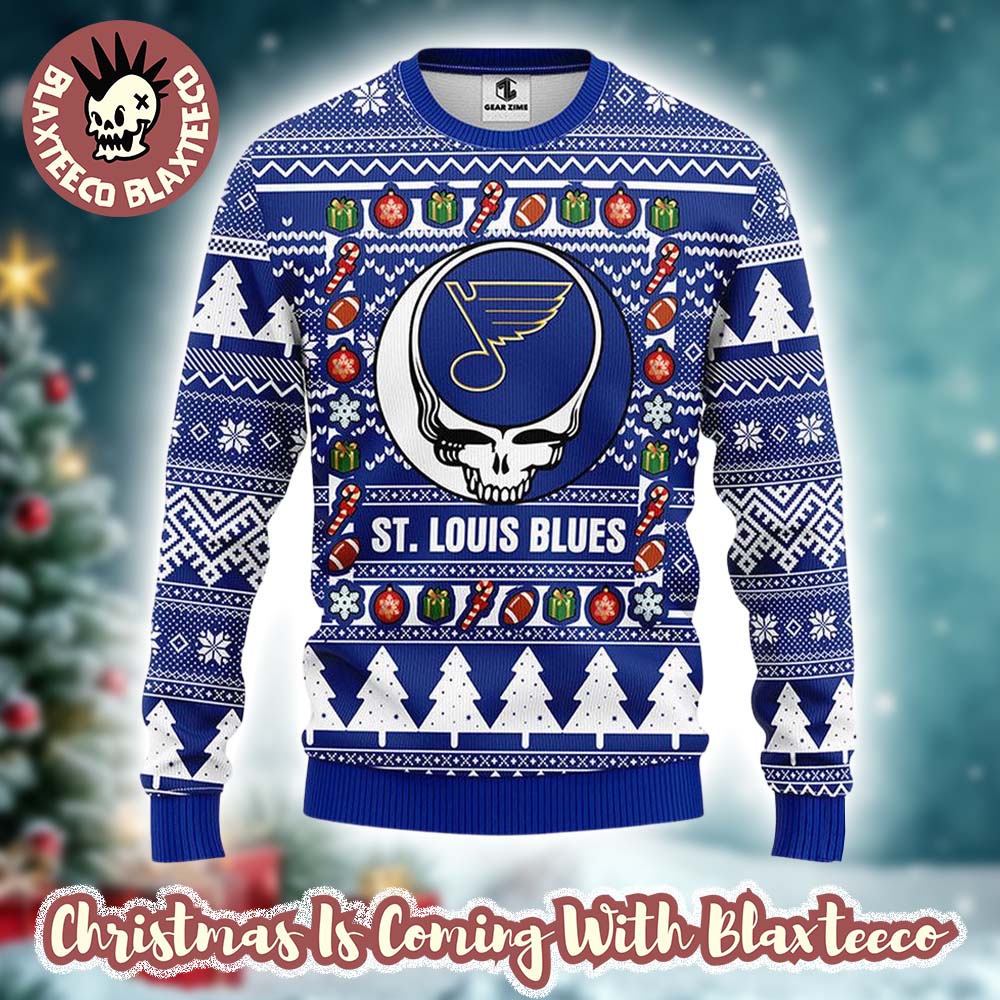 Grateful Dead X NHL St Louis Blues Stealie Logo Ugly Christmas Sweater Grateful Dead X NHL St Louis Blues Stealie Logo Ugly Christmas Sweater