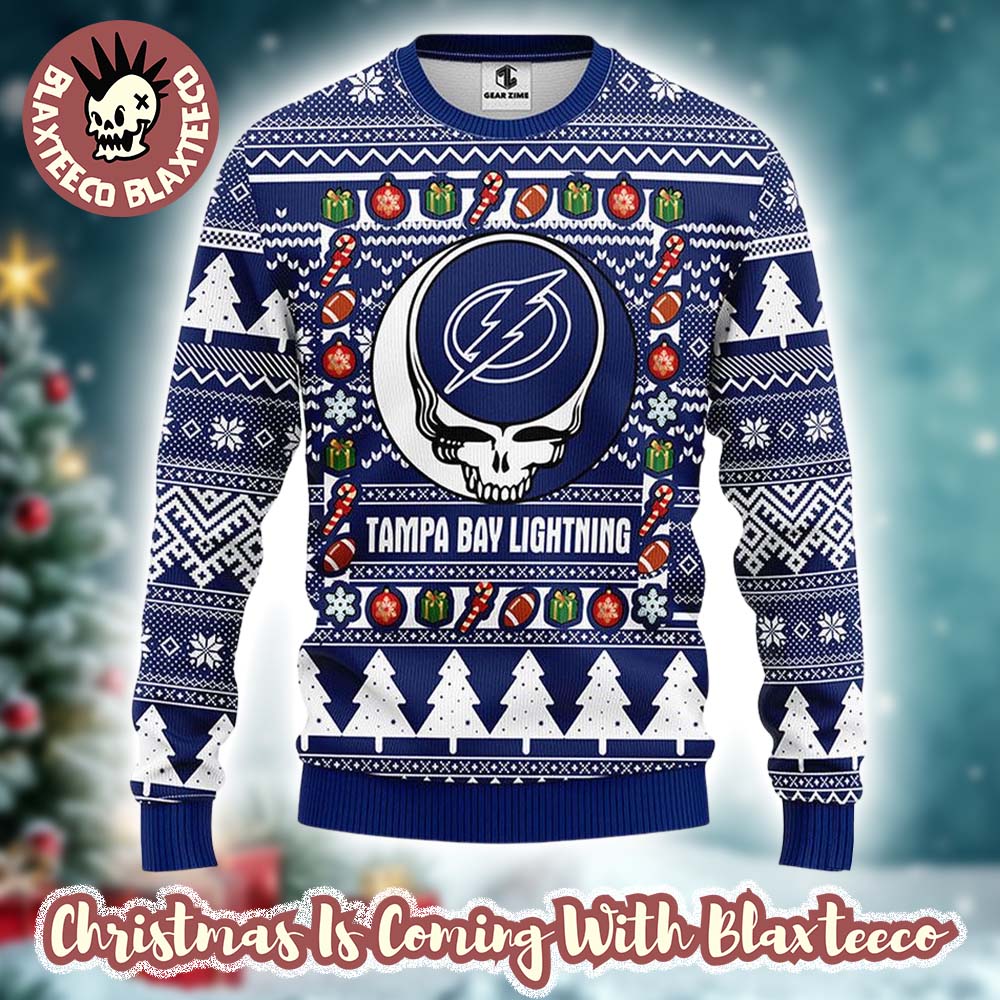 Grateful Dead X NHL Tampa Bay Lightning Stealie Logo Ugly Christmas Sweater Grateful Dead X NHL Tampa Bay Lightning Stealie Logo Ugly Christmas Sweater