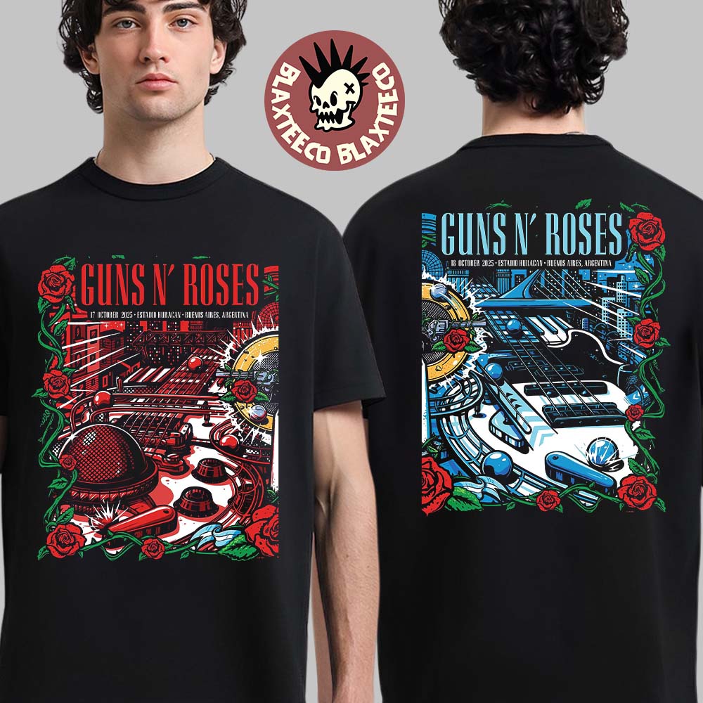 Guns N Roses Argentina 2025 Night 1 And 2 Combined Venue Poster At Estadio Huracan On October 17 And 18 2025 Two Sided T-Shirt Guns N Roses Argentina 2025 Night 1 And 2 Combined Venue Poster At Estadio Huracan On October 17 And 18 2025 Two Sided T-Shirt