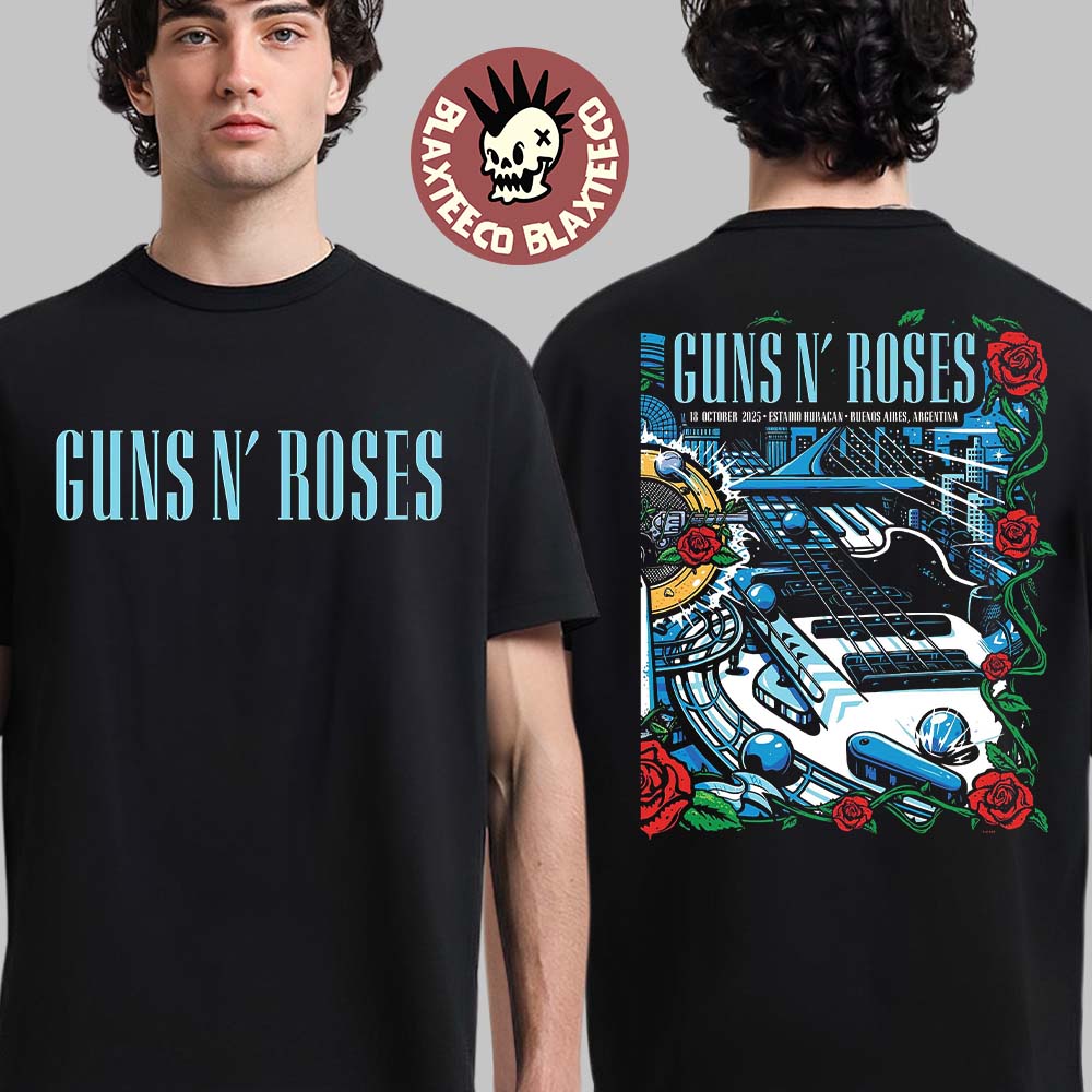Guns N Roses Argentina 2025 Night 2 Venue Poster At Estadio Huracan On October 18 2025 Two Sided T-Shirt Guns N Roses Argentina 2025 Night 2 Venue Poster At Estadio Huracan On October 18 2025 Two Sided T-Shirt