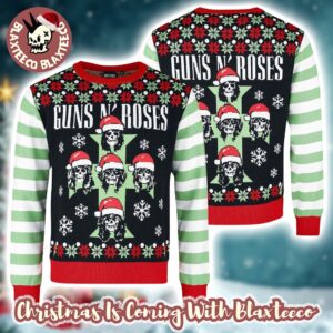 Guns N Roses Band Cross Logo Skeletons With Santa Hats Xmas Holiday Jumper Multicolor Ugly Christmas Sweater