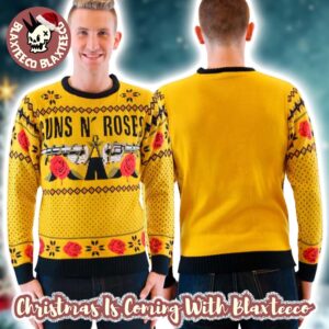 Guns N Roses Big Signature Logo Roses Pattern Knitted Mustard Christmas Ugly Sweater