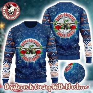 Guns N Roses Happy Holidays Snowy Knitted Blue 2025 Ugly Christmas Sweater