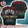 Guns N Roses Iconic Skull Logo Band Wearing Santa Hats Blue Uglty Christmas Sweater Guns N Roses Iconic Skull Logo Band Wearing Santa Hats Blue Uglty Christmas Sweater