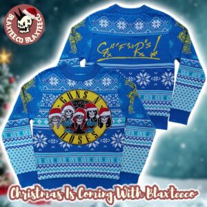 Guns N Roses Iconic Skull Logo Band Wearing Santa Hats Blue Uglty Christmas Sweater