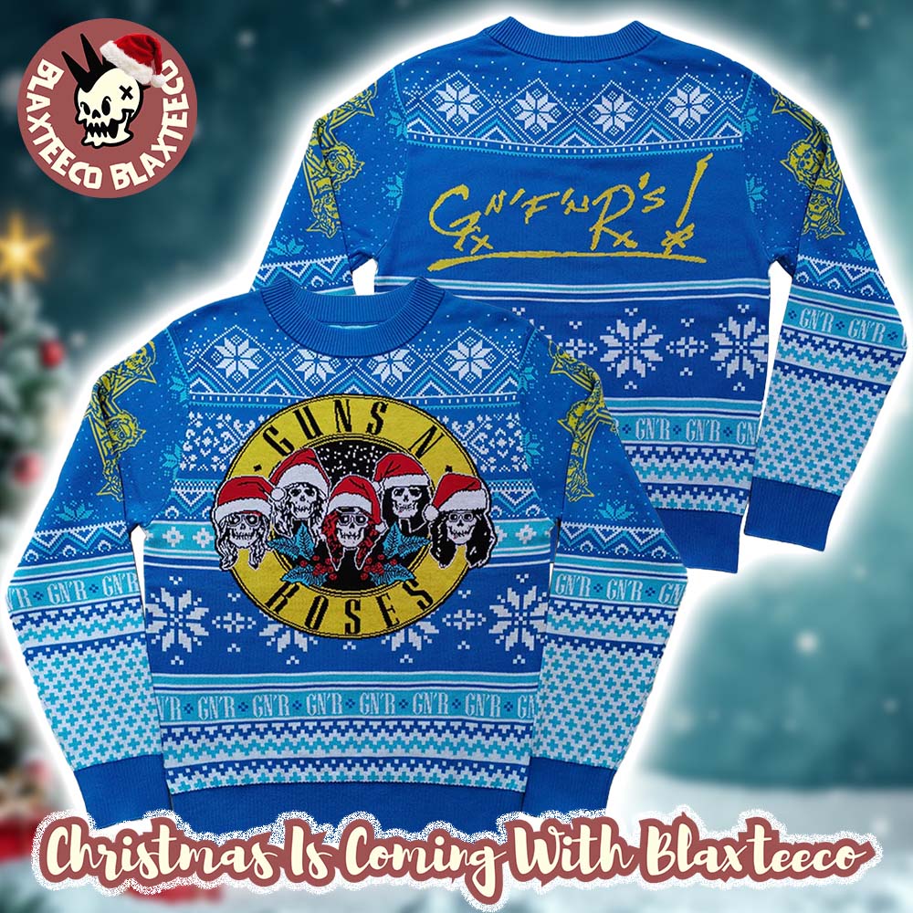 Guns N Roses Iconic Skull Logo Band Wearing Santa Hats Blue Uglty Christmas Sweater Guns N Roses Iconic Skull Logo Band Wearing Santa Hats Blue Uglty Christmas Sweater