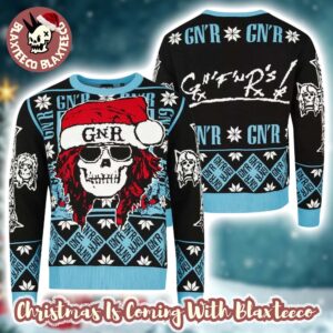 Guns N Roses Iconic Skull With GNR Santa Hat Cross Logo Knitted Black And Blue Ugly Christmas Sweater