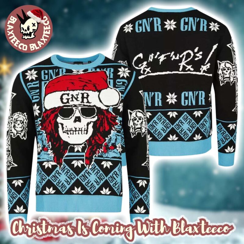 Guns N Roses Iconic Skull With GNR Santa Hat Cross Logo Knitted Black And Blue Ugly Christmas Sweater CNjqc nyuaw4.jpg