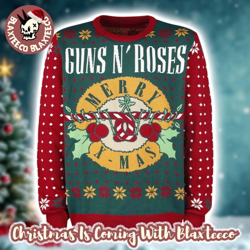 Guns N Roses Merry Xmas Guns Candy Crane Logo Holiday Theme Red And Green Knitted Ugly Christmas Sweater mo4YU qqqlmj.jpg