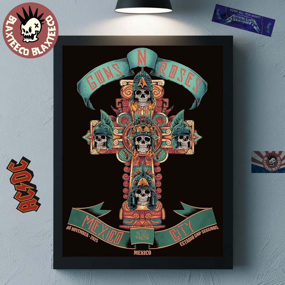 Guns N Roses Mexico City 2025 Event Poster At Estadio GNP Seguros On 8 November 2025 Aztec Skull Cross Home Decor Poster Canvas Guns N Roses Mexico City 2025 Event Poster At Estadio GNP Seguros On 8 November 2025 Aztec Skull Cross Home Decor Poster Canvas