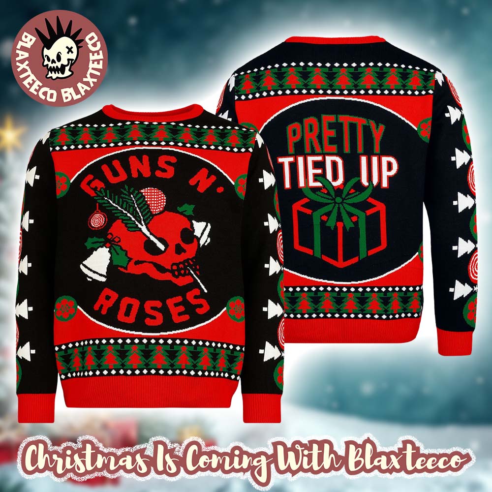Guns N Roses Pretty Tied Up Festive Skull and Holly Logo 2025 Holiday Sweater Christmas Jumper Guns N Roses Pretty Tied Up Festive Skull and Holly Logo 2025 Holiday Sweater Christmas Jumper