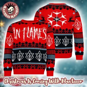 In Flames Big Logo With Snowflakes Pattern 2025 Knitted Red Holiday Sweater Christmas Jumper