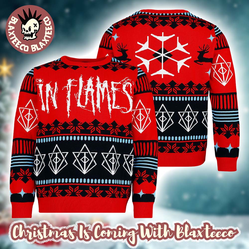 In Flames Big Logo With Snowflakes Pattern 2025 Knitted Red Holiday Sweater Christmas Jumper