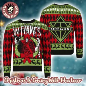 In Flames Foregone Xmas Wreath 2025 Knitted Red And Green Holiday Ugly Christmas Sweater Jumper