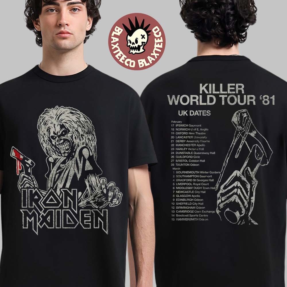 Iron Maiden 50 Anniversary Killer World Tour 1981 UK Dates Vintage Two Sided T-Shirt Iron Maiden 50 Anniversary Killer World Tour 1981 UK Dates Vintage Two Sided T-Shirt