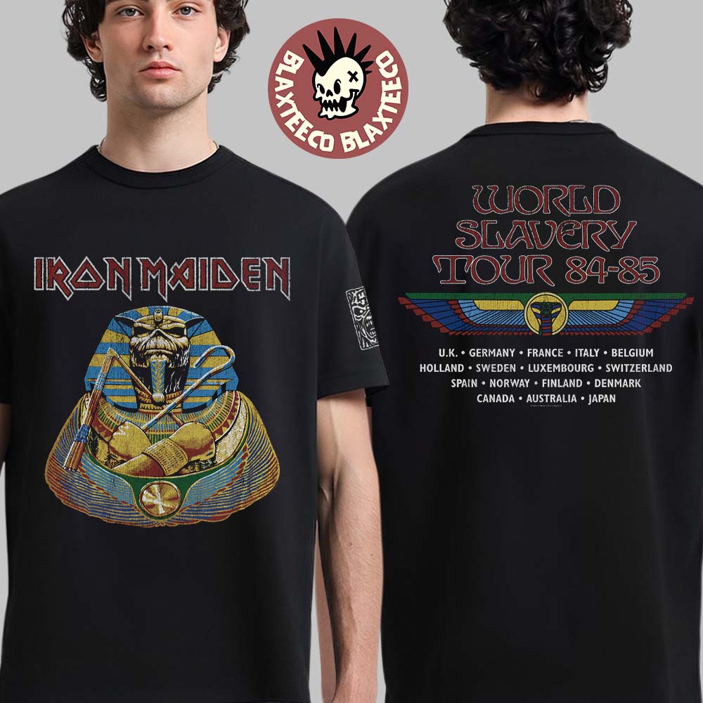 Iron Maiden 50th Anniversary World Slavery Tour 85 85 Powerslave Pharaoh Eddie T-Shirt Iron Maiden 50th Anniversary World Slavery Tour 85 85 Powerslave Pharaoh Eddie T-Shirt