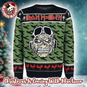 Iron Maiden A Matter of Life and Death Pilot Eddie With Airplane Pattern Ugly Christmas Sweater